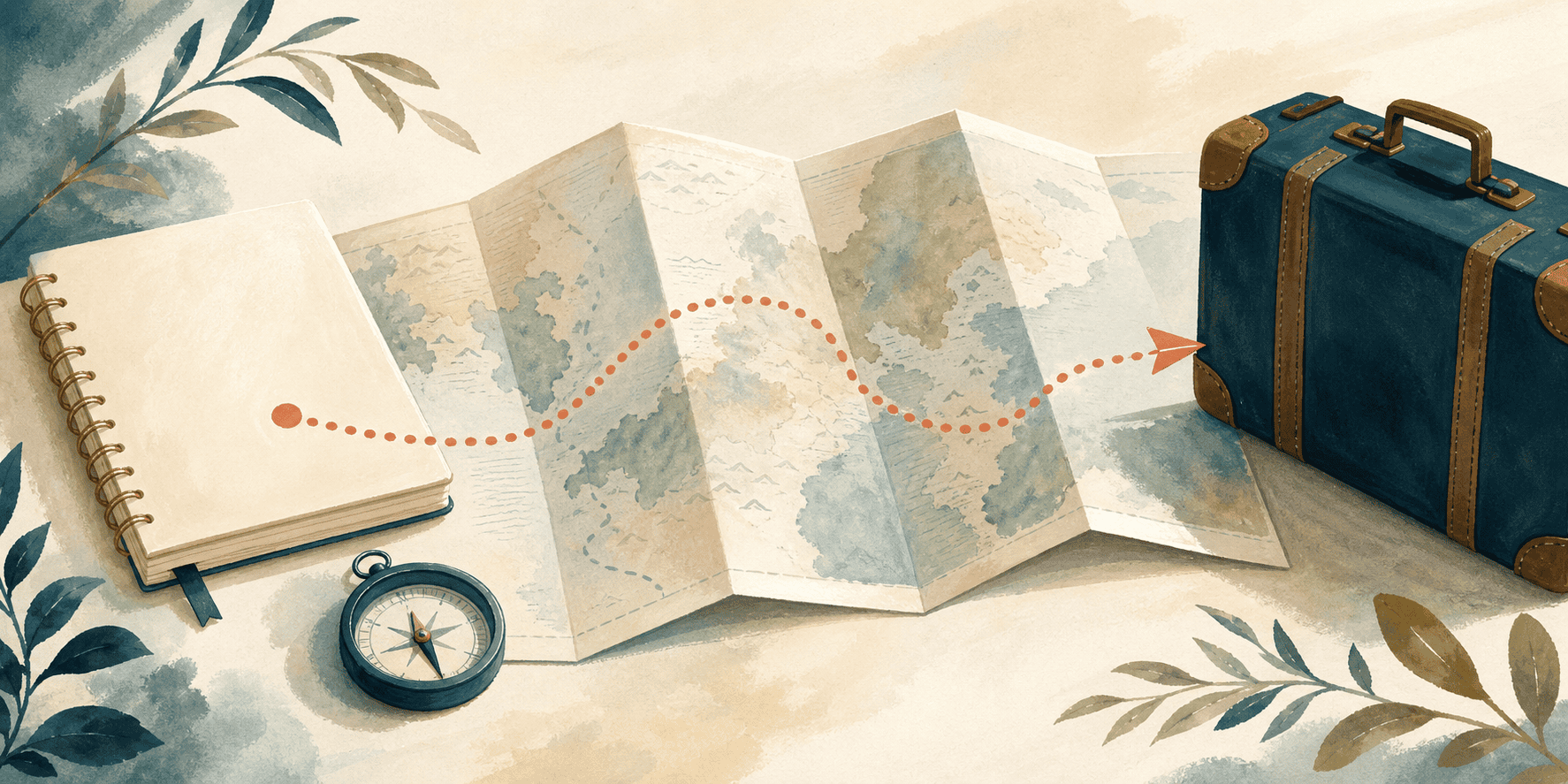 Illustration mit Karte, Reiseroute, Kompass und Koffer