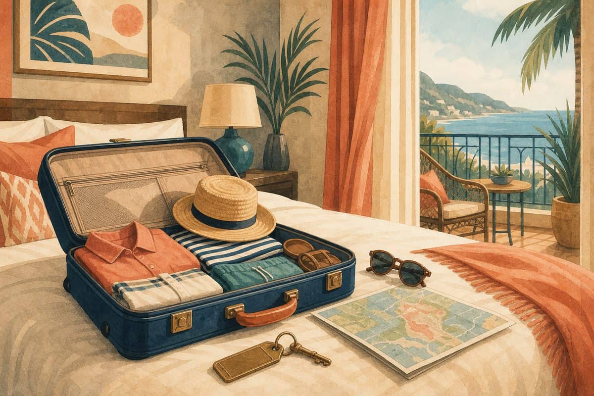 Geöffneter Koffer im Hotelzimmer mit Reisekarte und Zimmerschlüssel